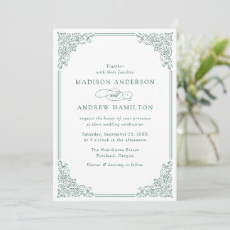 Invitation Élégant Cadre Vert Vintage Orné Mariage