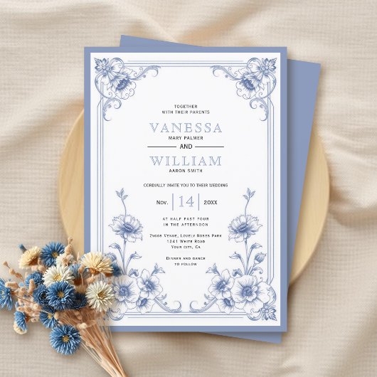 Invitation Élégant cadre vintage bleu floral mariage