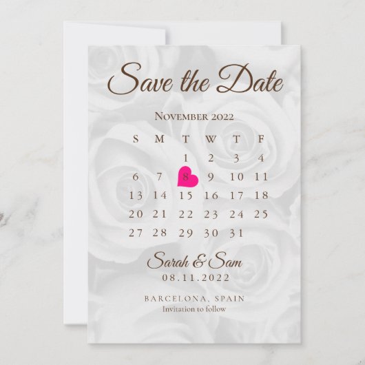 Invitation Élégant Calendrier De Mariage Roses Blanches ROses (Devant)