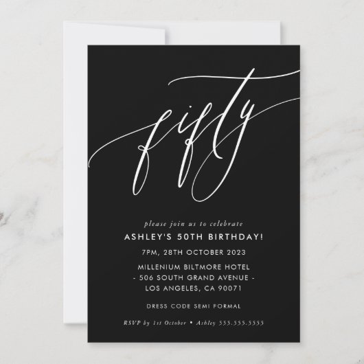 Invitation ELEGANT Calligraphie chic 50e anniversaire noir bl (Devant)