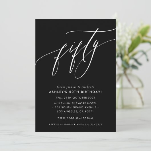 Invitation ELEGANT Calligraphie chic 50e anniversaire noir bl (Debout devant)