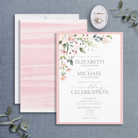 Invitation Élégant calligraphie florale aquarelle rose mariag