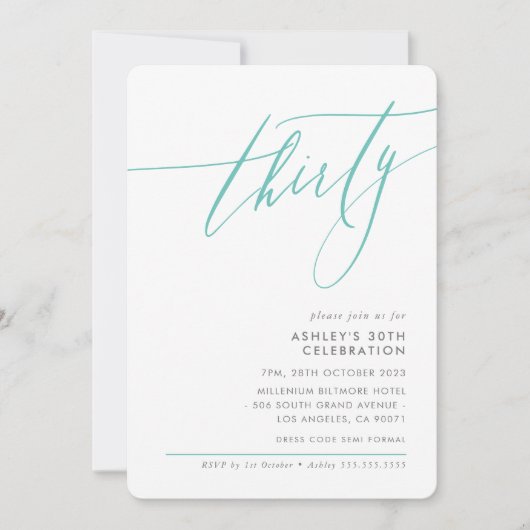 Invitation ÉLÉGANT Calligraphie minimum 30ème menthe de fête (Devant)