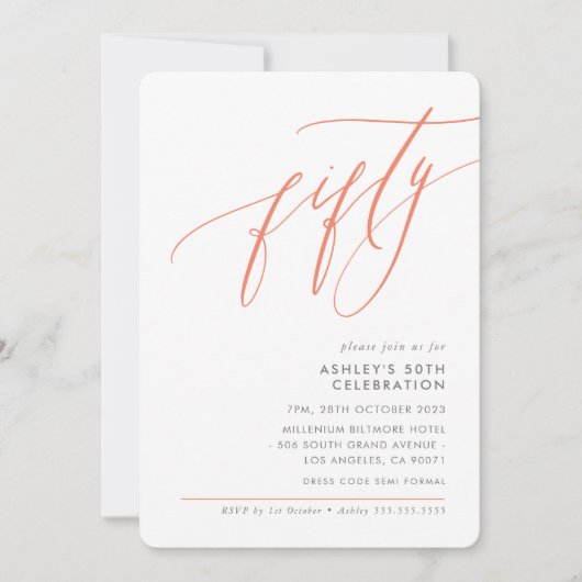 Invitation ELEGANT Calligraphie moderne corail du 50ème parti (Devant)