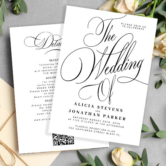 Invitation Elegant calligraphy black white all in one wedding
