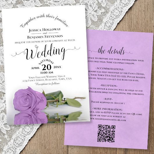 Invitation Elegant Calligraphy Lilac Rose QR Code Wedding