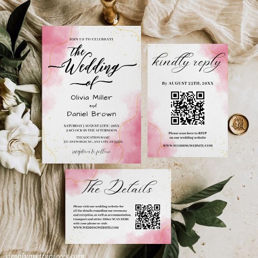 Invitation Elegant Calligraphy Modern pink Watercolor Wedding