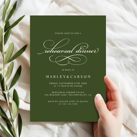 Invitation Elegant Calligraphy Olive Green Rehearsal Dinner