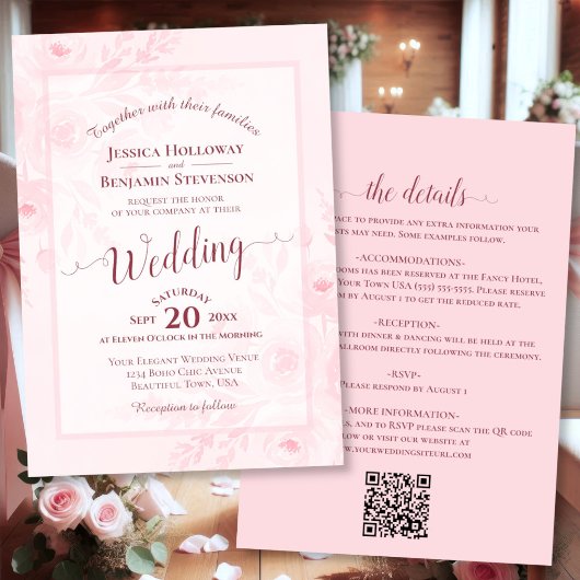 Invitation Elegant Calligraphy Pink Peonies QR Code Wedding