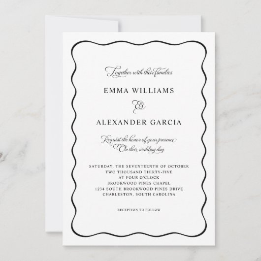 Invitation Elegant Calligraphy Wedding Black Wavy Border (Devant)