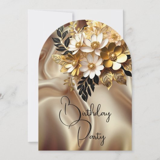 Invitation Elégant Caramel d'Anniversaire Or noir Fleurs blan (Devant)