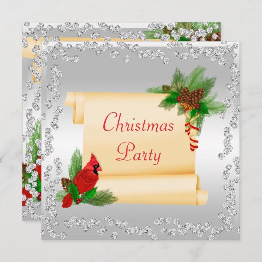 Invitation Elégant cardinal & Scroll Diamonds Noël (Devant / Derrière)