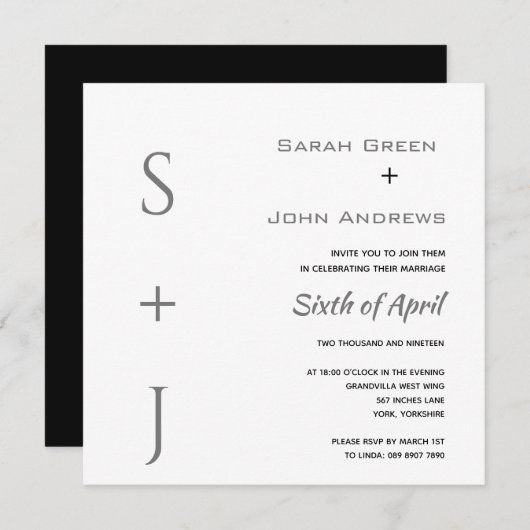 Invitation Élégant Carré Mariage blanc noir gris (Devant / Derrière)