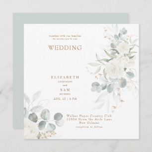 Invitation Élégant Carré Sage White Floral Mariage