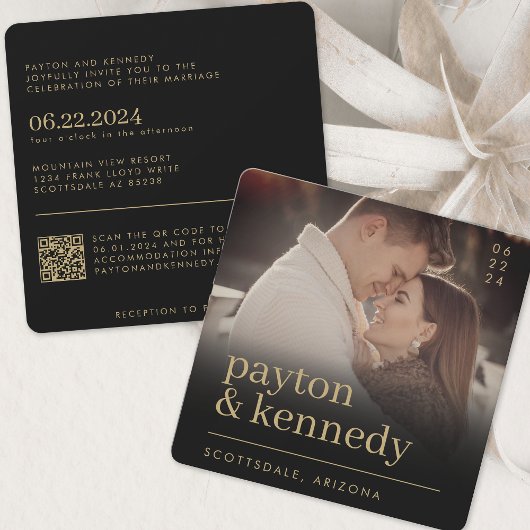 Invitation Élégant Carré simple et élégant noir et or chic