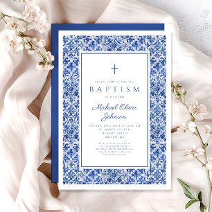 Invitation Elégant Carreaux Bleus Croix Religieux Boy Baptême