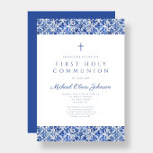 Invitation Elégant Carreaux Bleus Garçon Première Communion