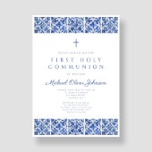 Invitation Elégant Carreaux Bleus Garçon Première Communion