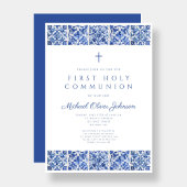 Invitation Elégant Carreaux Bleus Garçon Première Communion