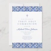 Invitation Elégant Carreaux Bleus Garçon Première Communion (Devant)