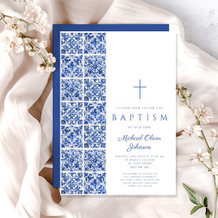 Invitation Élégant carreaux religieux Croix Bleu Baptême