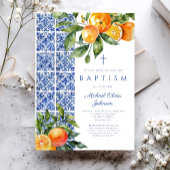 Invitation Élégant carreaux religieux Croix Bleu Baptême