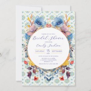 Invitation Elégant carrelage marocain Floral Bleu
