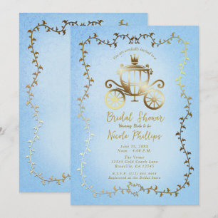 Invitation Élégant Carrosse en Or Histoire de Mariage Bleue 