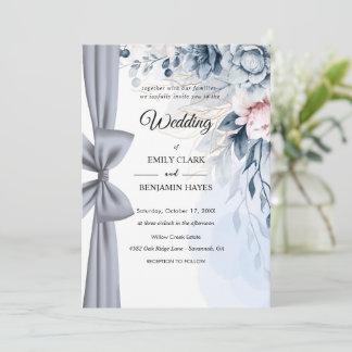 Invitation Élégant carton de mariage floral bleu poussiéreux 