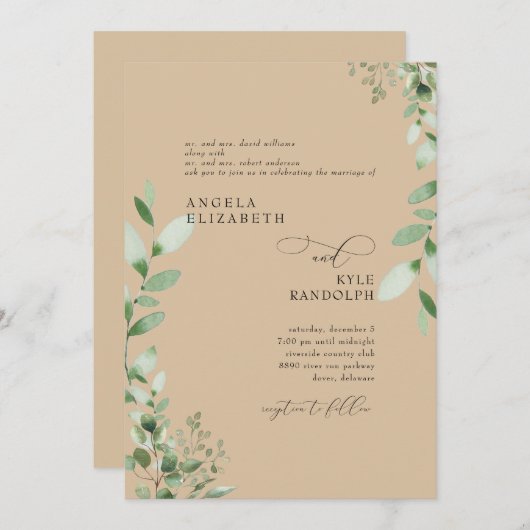Invitation Elégant Cascading Greenery Mariage Khaki (Devant / Derrière)