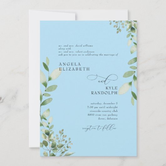 Invitation Elégant Cascading Verdure Mariage Ice Blue (Devant)