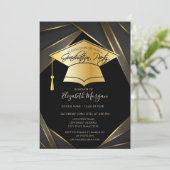 Invitation Élégant Casquette Gold Grad Graduation noir (Debout devant)