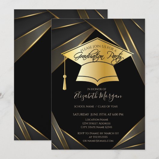 Invitation Élégant Casquette Gold Grad Graduation noir (Devant / Derrière)