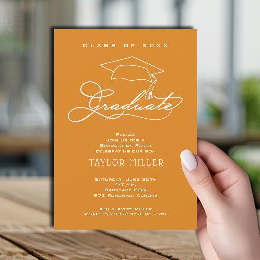 Invitation Élégant Casquette Grad Light Orange Graduation