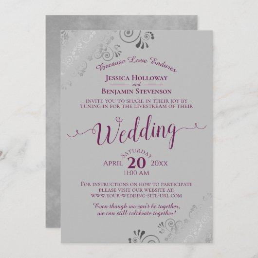 Invitation Elégant Cassis violet sur Gris Mariage Livestream (Devant / Derrière)