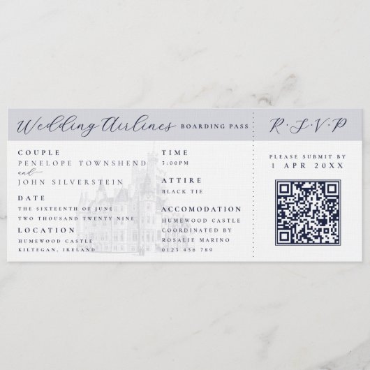 Invitation Elegant Castle Plane Ticket Destination Wedding  (Devant)