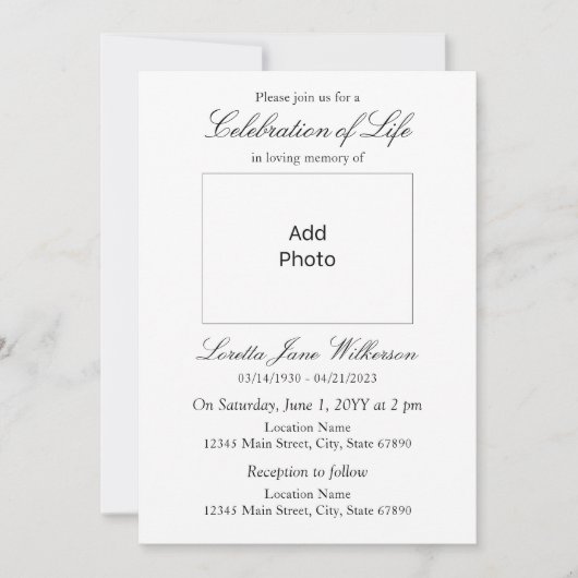 Invitation Elégant Célébration de la Vie Ajouter photo (Devant)