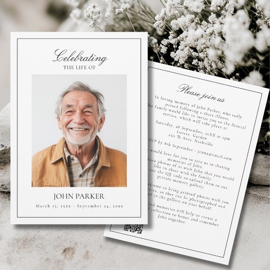 Invitation Elegant Celebration of Life Funeral Photo QR Code