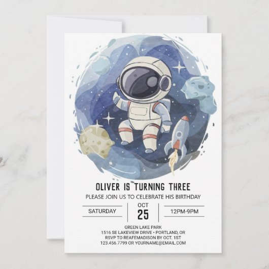 Invitation Elégant céleste éditable astronaute garçon Anniver (Devant)