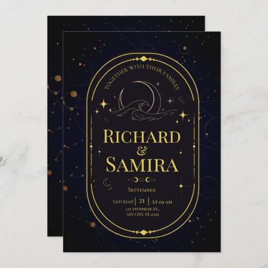 Invitation Élégant céleste or lune Mariage bleu foncé (Devant / Derrière)
