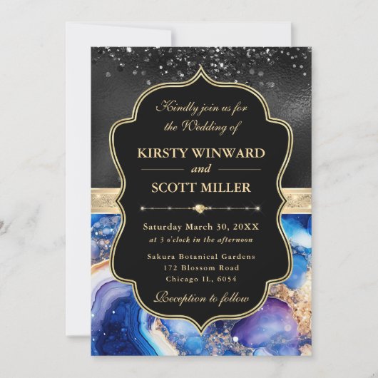 Invitation Elegant Celestial Agate Black Glitter Wedding (Devant)