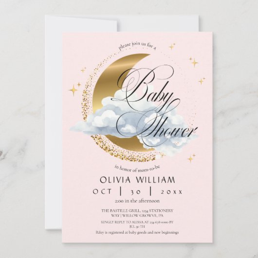 Invitation Elegant Celestial Pink Script Baby Shower  (Devant)