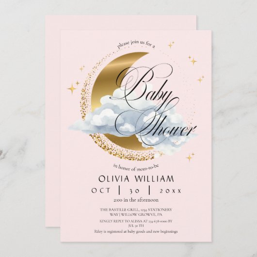 Invitation Elegant Celestial Pink Script Baby Shower  (Devant / Derrière)