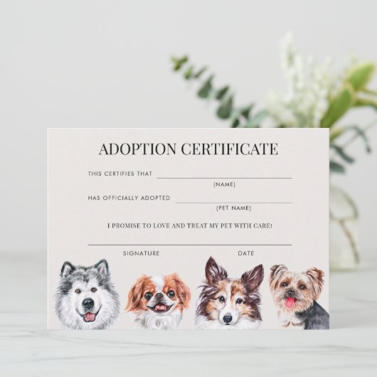 Invitation Élégant certificat d'adoption de chien d'aquarelle (Debout devant)