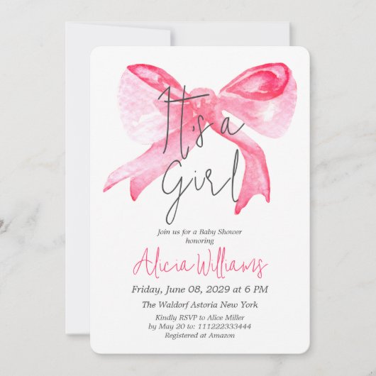 Invitation Elégant C'est une fille Ribbon Baby shower Bow ros (Devant)