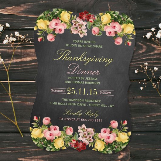 Invitation Élégant Chalkboard Floral Thanksgiving Dîner