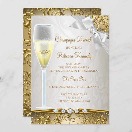Invitation Elégant Champagne Blanc Beige Or Brunch (Devant / Derrière)