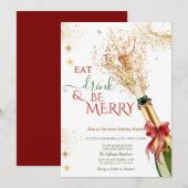 Invitation Elegant Champagne Bottle Red Bow Christmas Party (Devant / Derrière)