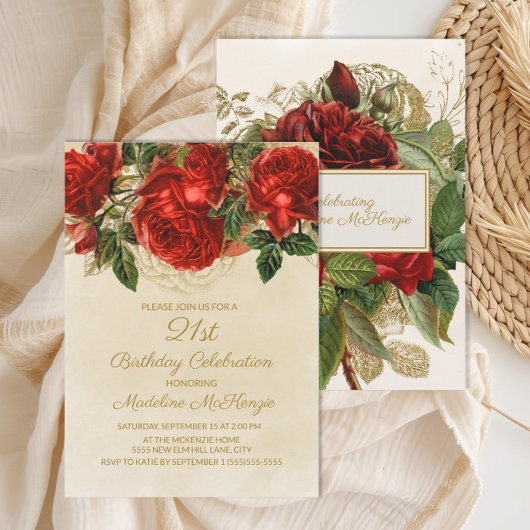 Invitation Elégant Champagne Roses Rouges 21e anniversaire