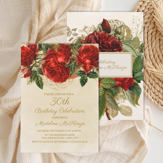 Invitation Elégant Champagne Roses Rouges 30e anniversaire